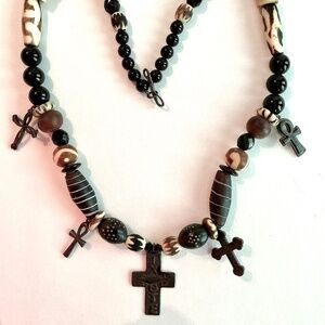 Dzi style beaded necklace  silver crosses and ankhs